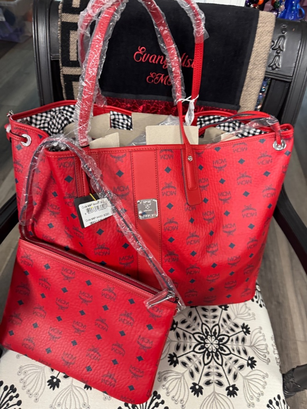 MCM Red Logo Print Tote with Removable Pouch